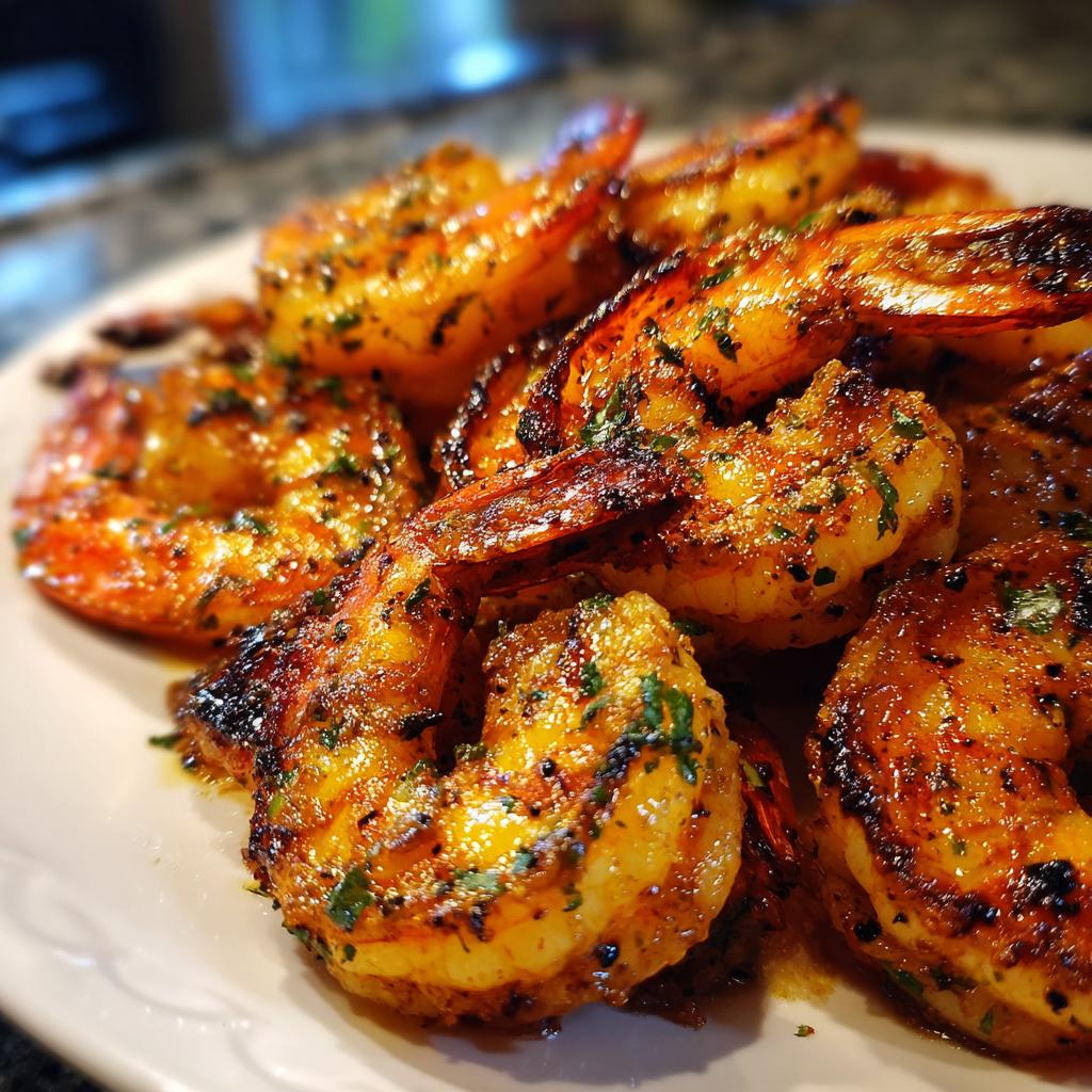 Close-up of juicy, grilled honey lime shrimp seasoned with herbs, ready for a fast cookout.