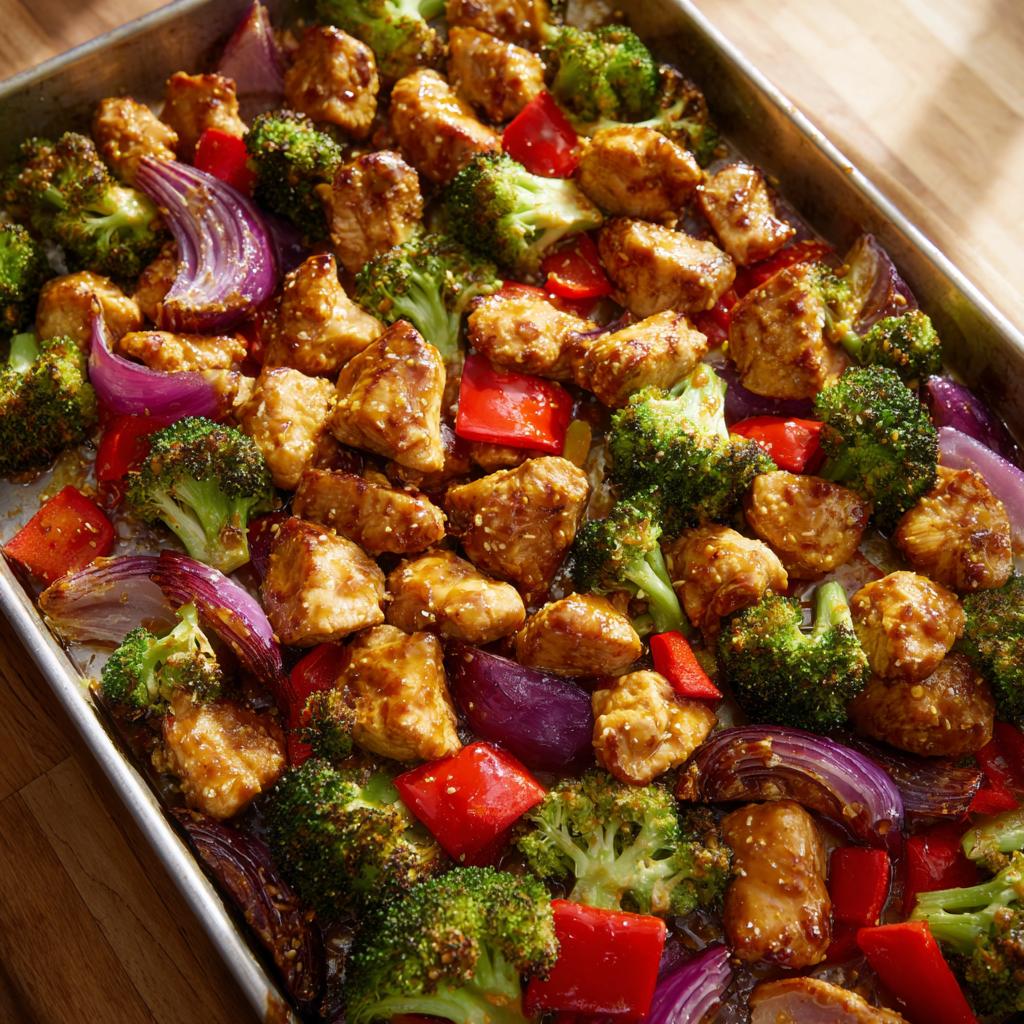 Sheet pan of honey mustard chicken breast pieces with broccoli, red onion, and red bell peppers, sprinkled with sesame seeds.