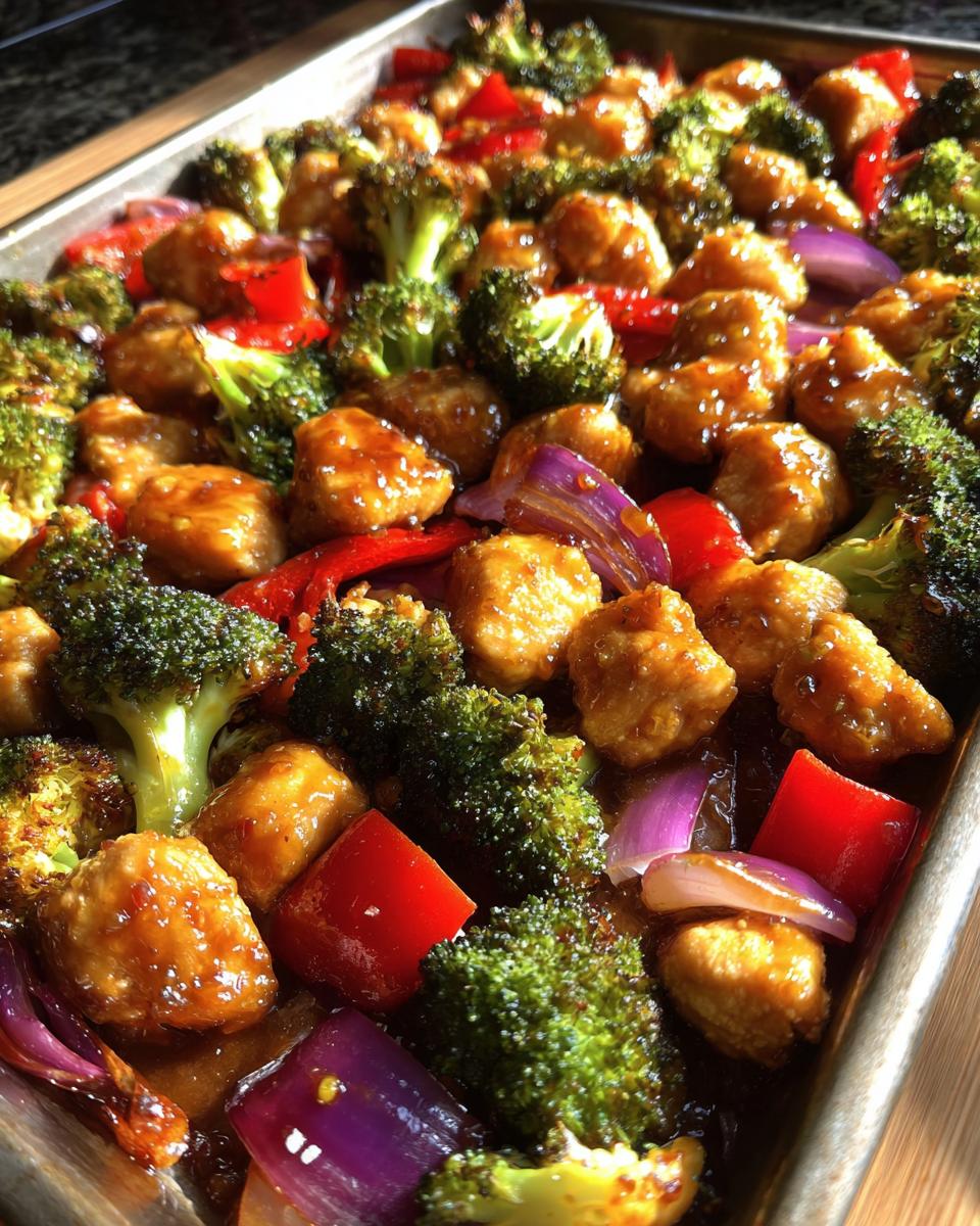 Close-up of honey mustard chicken breast pieces baked with broccoli, red bell peppers, and red onion on a sheet pan.
