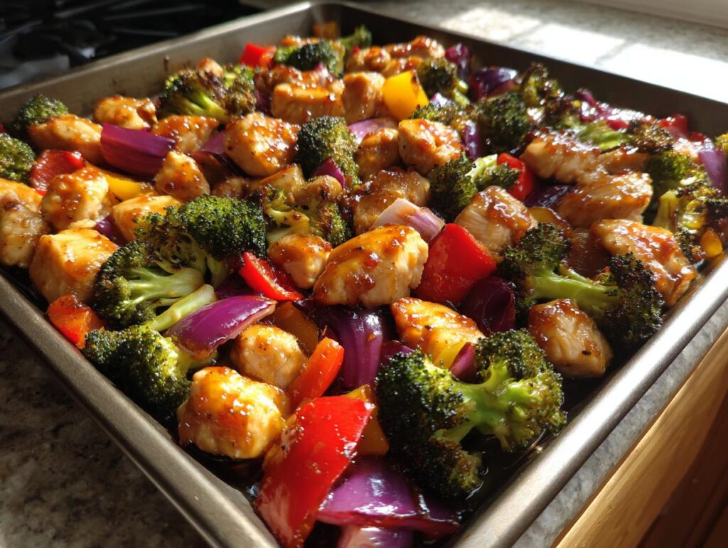 Sheet pan of honey mustard chicken breast pieces with broccoli, red onion, and bell peppers.