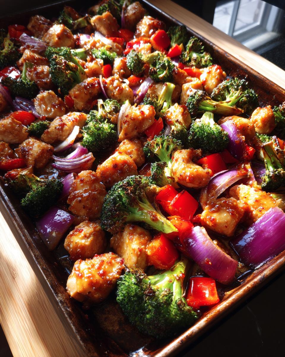 Close-up of honey mustard chicken breast pieces roasted with broccoli florets, red bell peppers, and red onion wedges on a sheet pan.