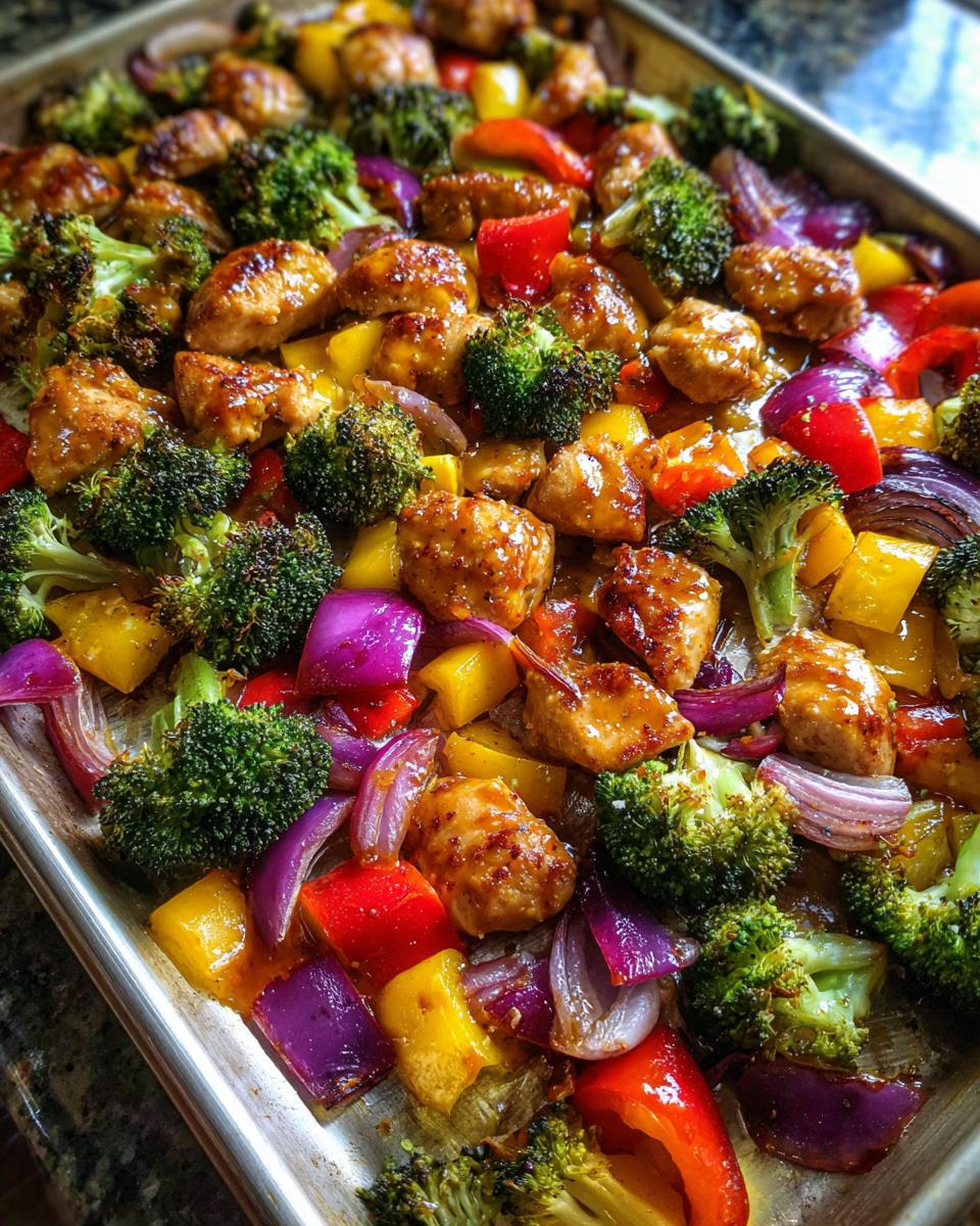 Close-up of honey mustard chicken breast pieces mixed with broccoli, red onion, and bell peppers on a sheet pan.