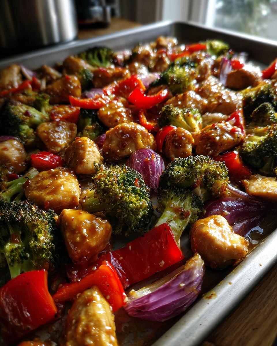 Close-up of honey mustard chicken breast pieces roasted with broccoli, red bell peppers, and red onion on a sheet pan.