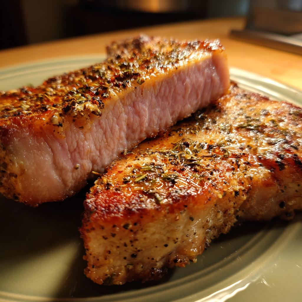 Close-up of two juicy air fryer pork chops seasoned with herbs and spices, one cut to show the pink interior.