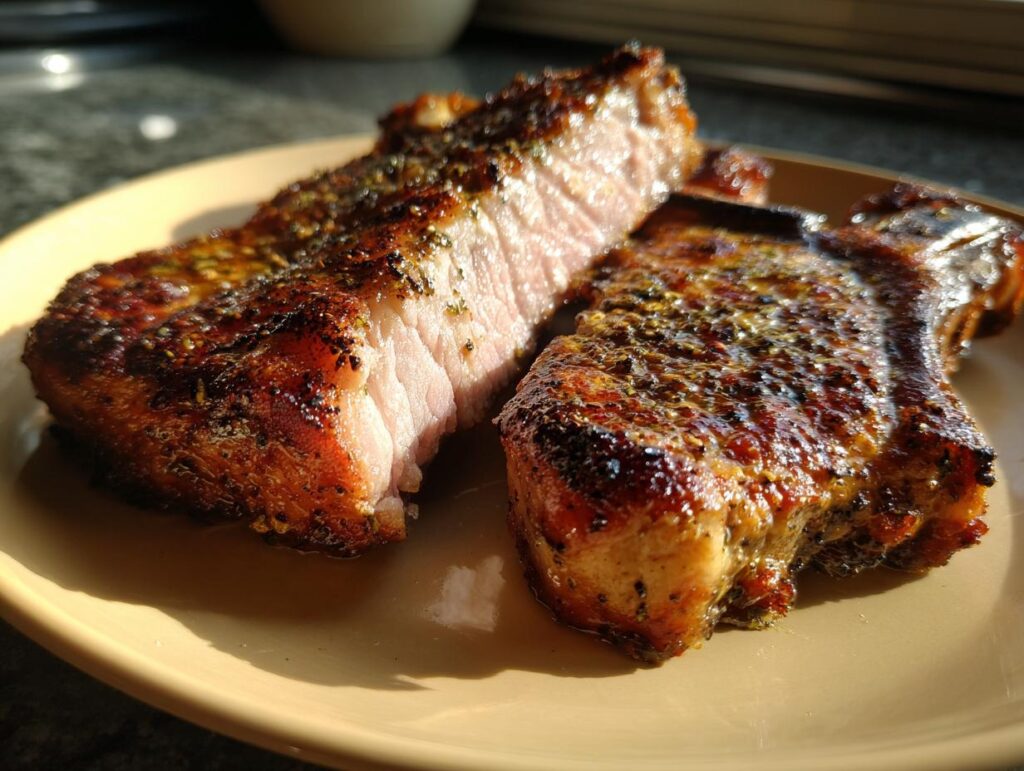Two perfectly cooked, juicy pork chops seasoned with herbs and spices, ready to eat.