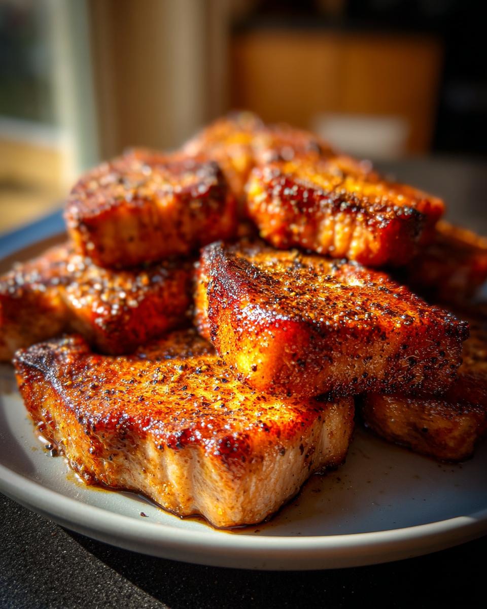 A close-up, overhead view of a stack of perfectly cooked, juicy pork chops seasoned with spices, ready to be served.