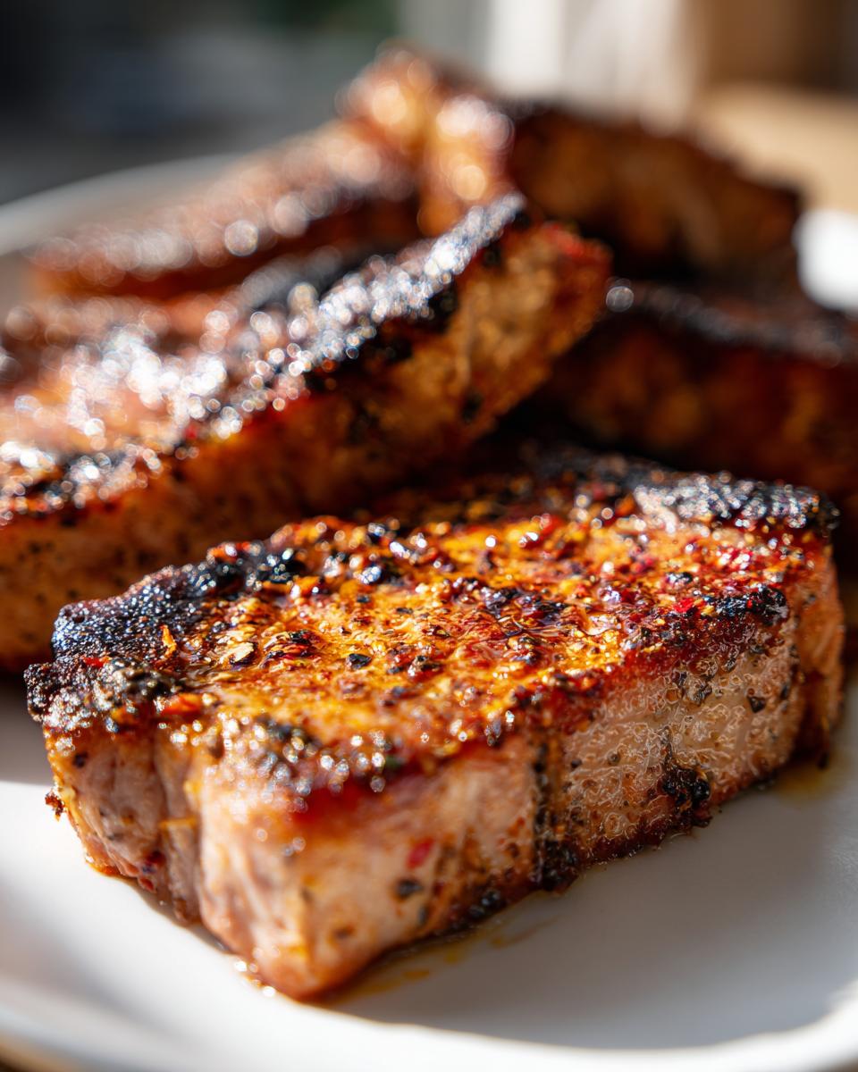 Close-up of perfectly cooked, juicy air fryer pork chops with a flavorful crust.