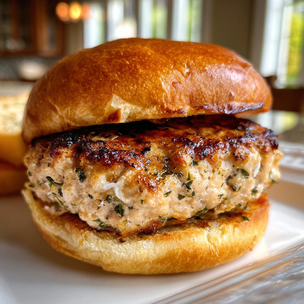Close-up of a perfectly grilled, juicy turkey burger on a golden brioche bun, showcasing herbs within the patty.