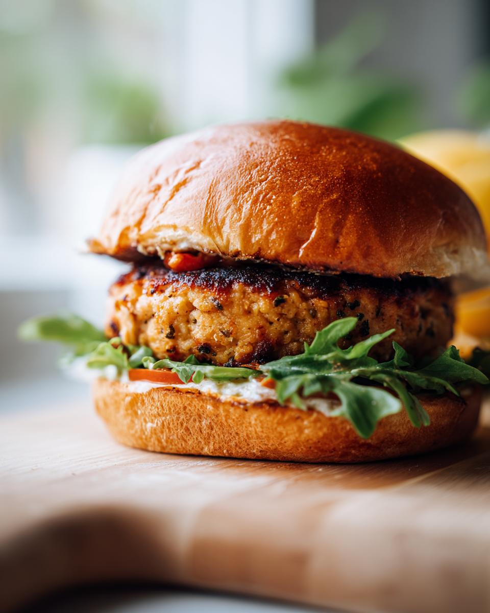 Close-up of a juicy grilled turkey burger on a toasted bun with lettuce and tomato.