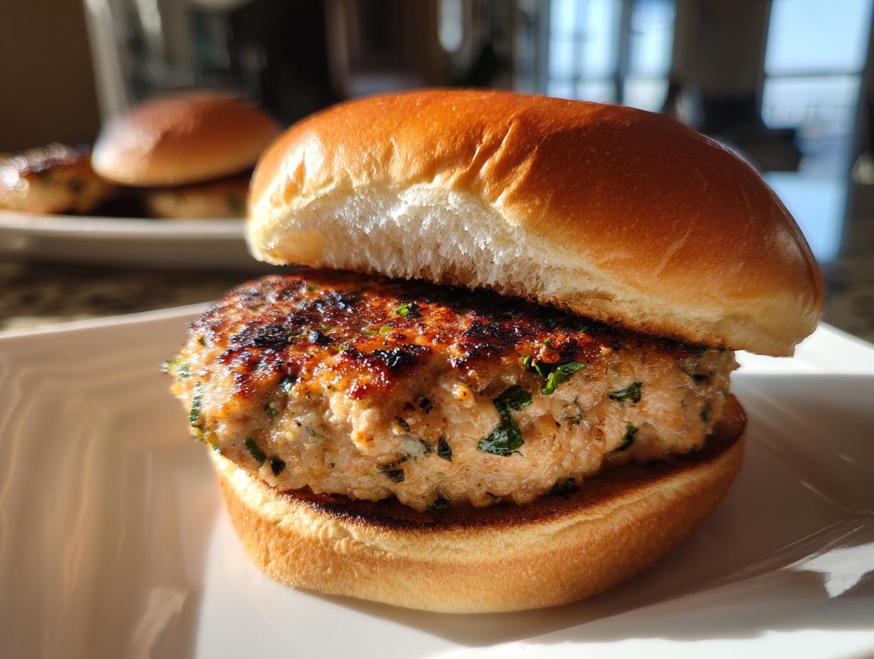 Close-up of a perfectly grilled turkey burger on a bun, showcasing its juicy texture and visible herbs.