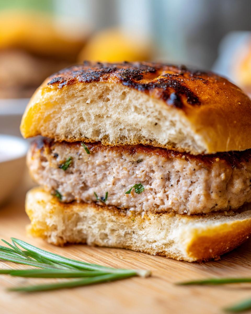 Close-up of a juicy turkey burger patty with herbs, served on a toasted bun, part of grilling recipes.