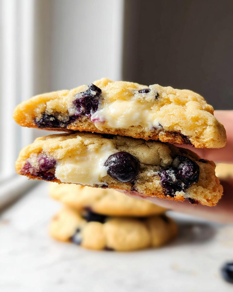 Close-up of two halves of a Lemon Blueberry Cheesecake Cookie, showing the creamy cheesecake filling and blueberries.