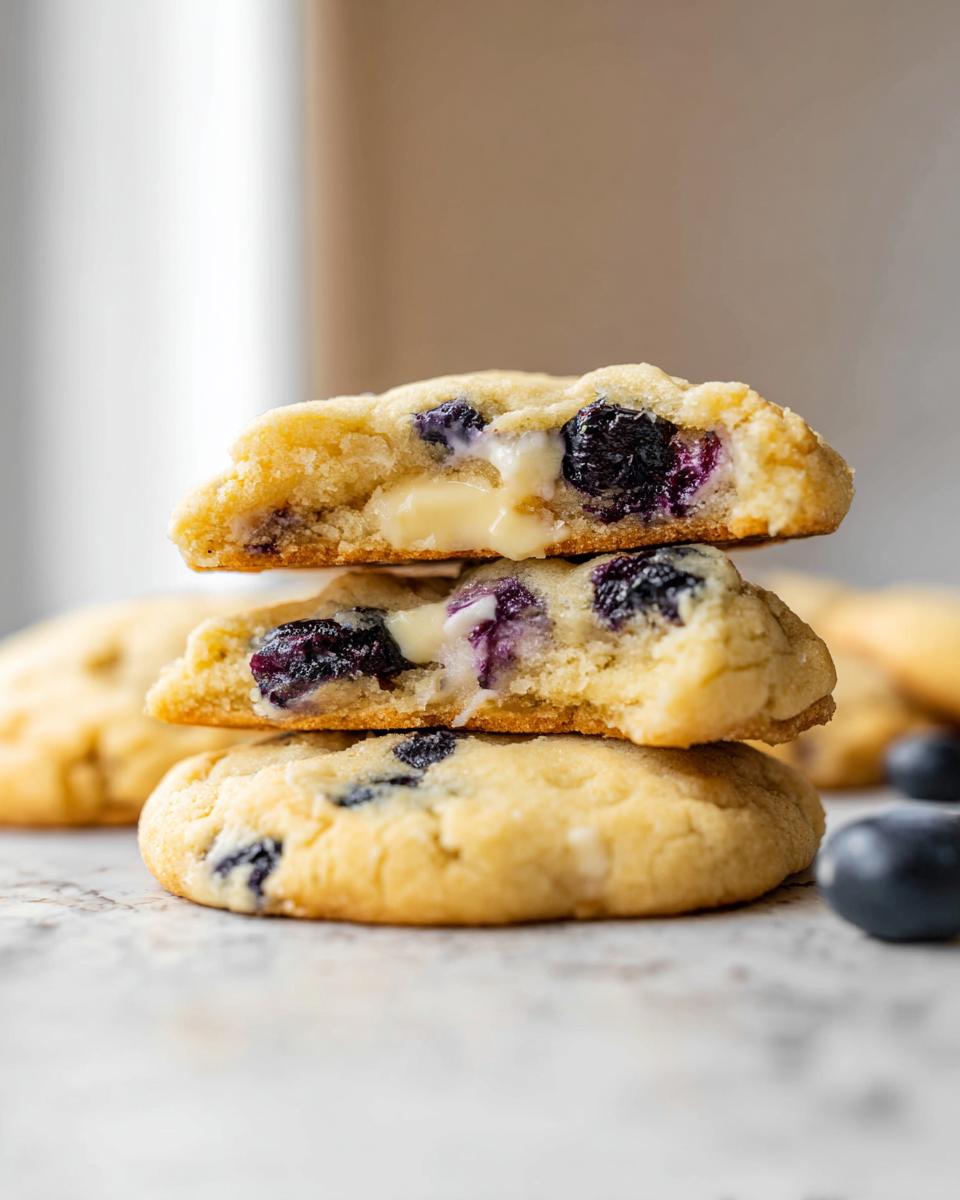 Stack of three Lemon Blueberry Cheesecake Cookies, showing the gooey cheesecake center and blueberries.