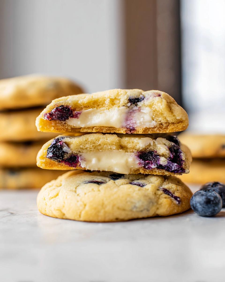 A stack of Lemon Blueberry Cheesecake Cookies, with the top two cookies cut in half to reveal a creamy cheesecake filling and blueberries.