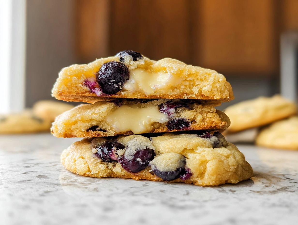 A stack of three delicious Lemon Blueberry Cheesecake Cookies, showing the creamy cheesecake filling and blueberries inside.