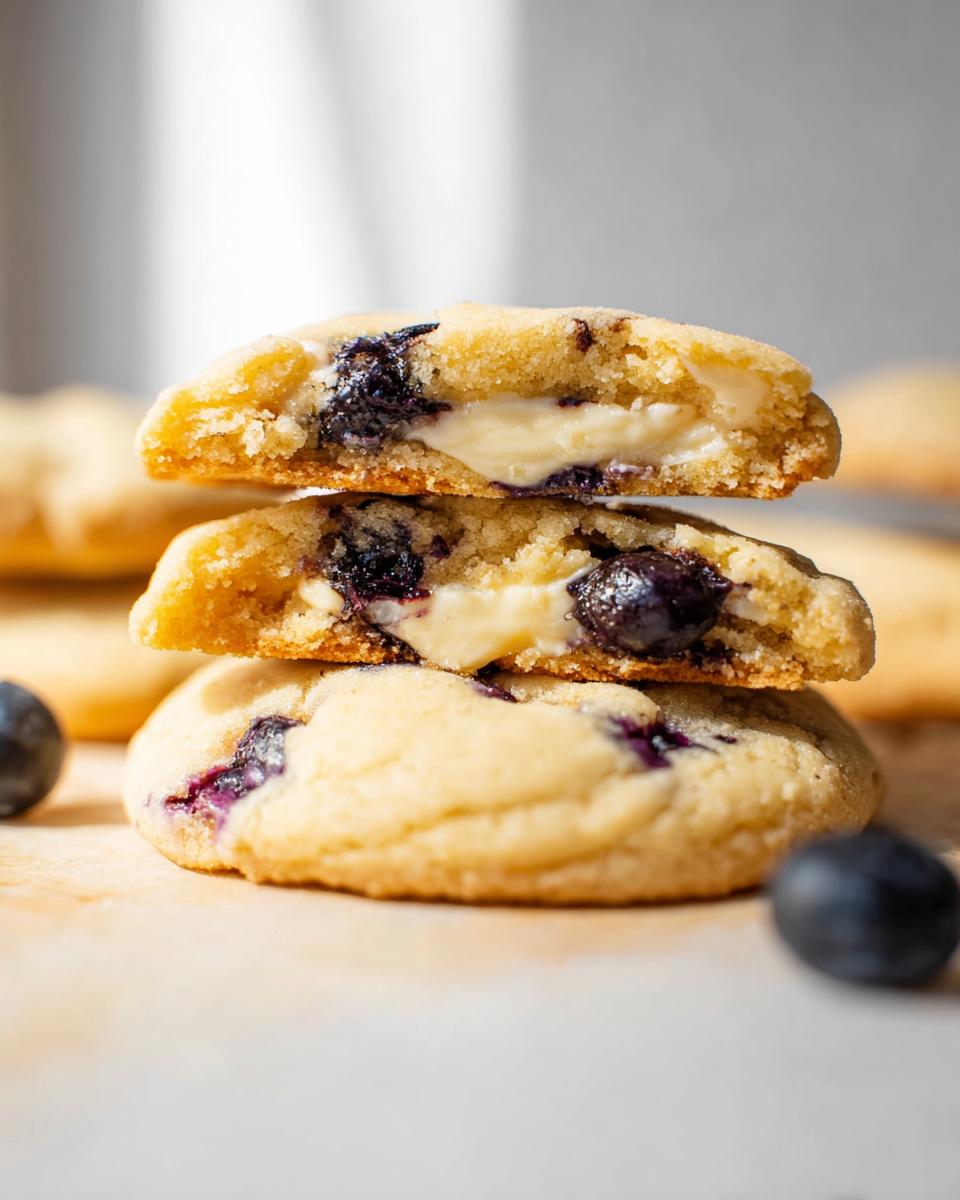 A stack of three Lemon Blueberry Cheesecake Cookies, with the top two cut in half to reveal the creamy cheesecake filling and blueberries.