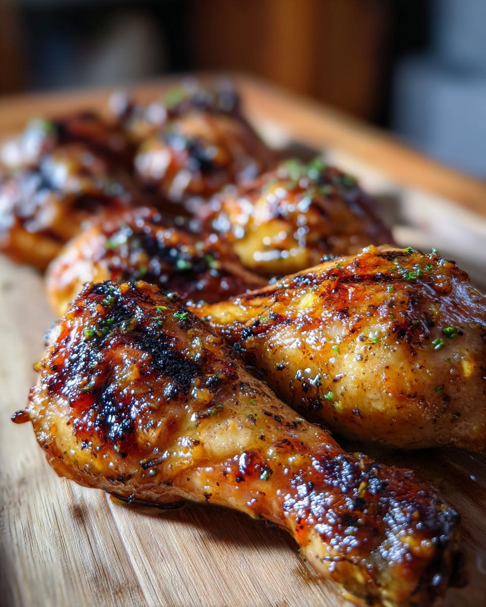 Close-up of grilled lemon garlic drumsticks, glistening with sauce and sprinkled with herbs.