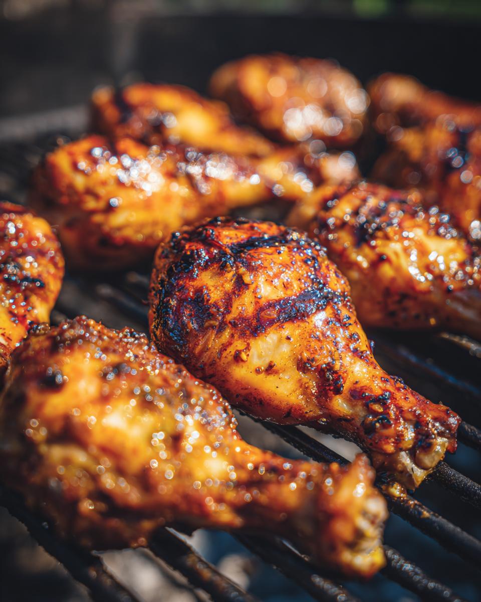 Close-up of juicy lemon garlic drumsticks grilling on a barbecue, with char marks and a glistening glaze.