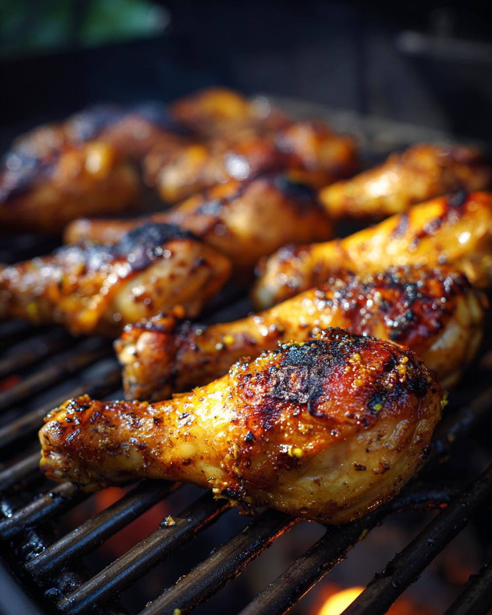 Close-up of juicy lemon garlic drumsticks grilling over flames, perfect for family cookouts.