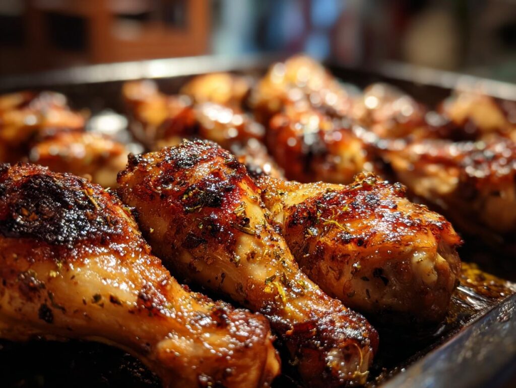 Close-up of perfectly grilled lemon garlic drumsticks, glistening and browned with herbs.
