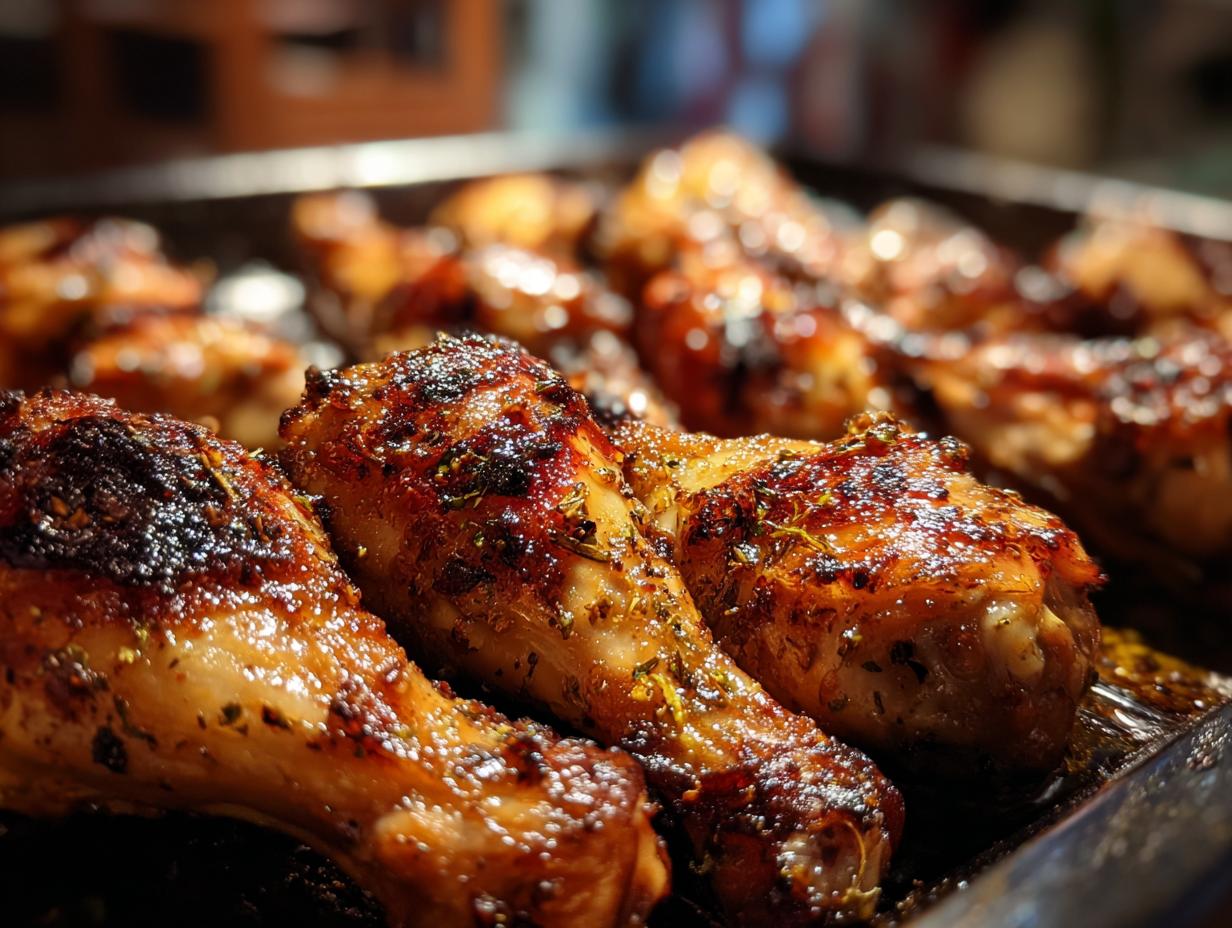 Close-up of perfectly grilled lemon garlic drumsticks, glistening and browned with herbs.