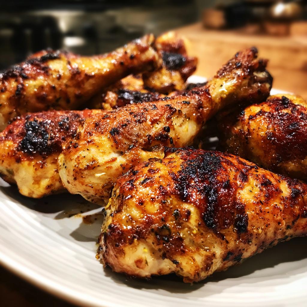 Close-up of perfectly grilled lemon garlic drumsticks, showcasing their golden-brown, slightly charred skin.
