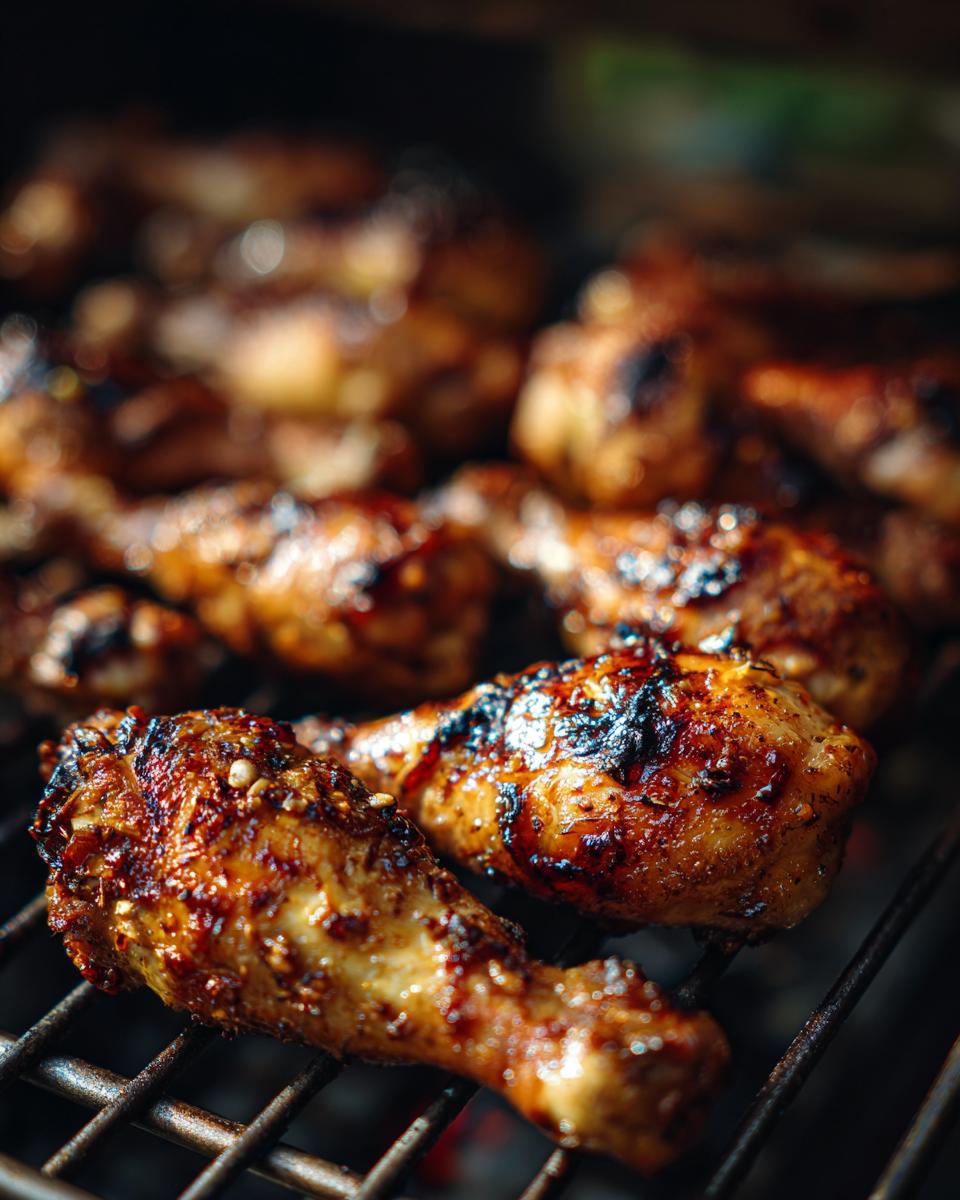 Close-up of juicy lemon garlic drumsticks grilling on a barbecue, with visible char marks and glistening glaze.