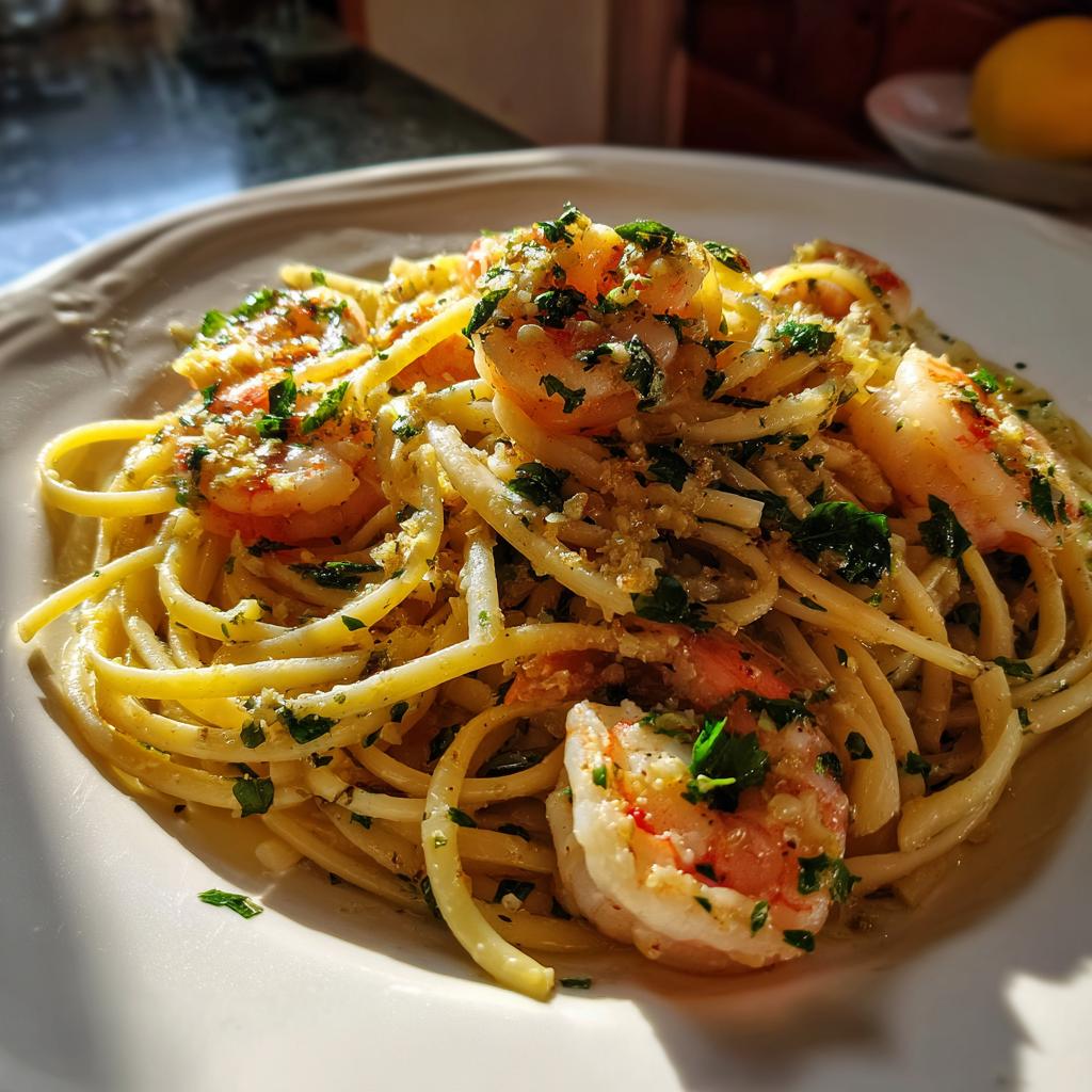 A close-up of a white plate filled with Lemon Shrimp Linguine pasta, garnished with fresh parsley.