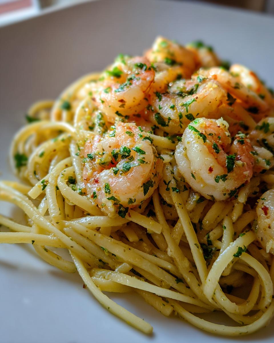 A close-up of a white bowl filled with lemon shrimp linguine pasta, topped with plump shrimp and fresh parsley.