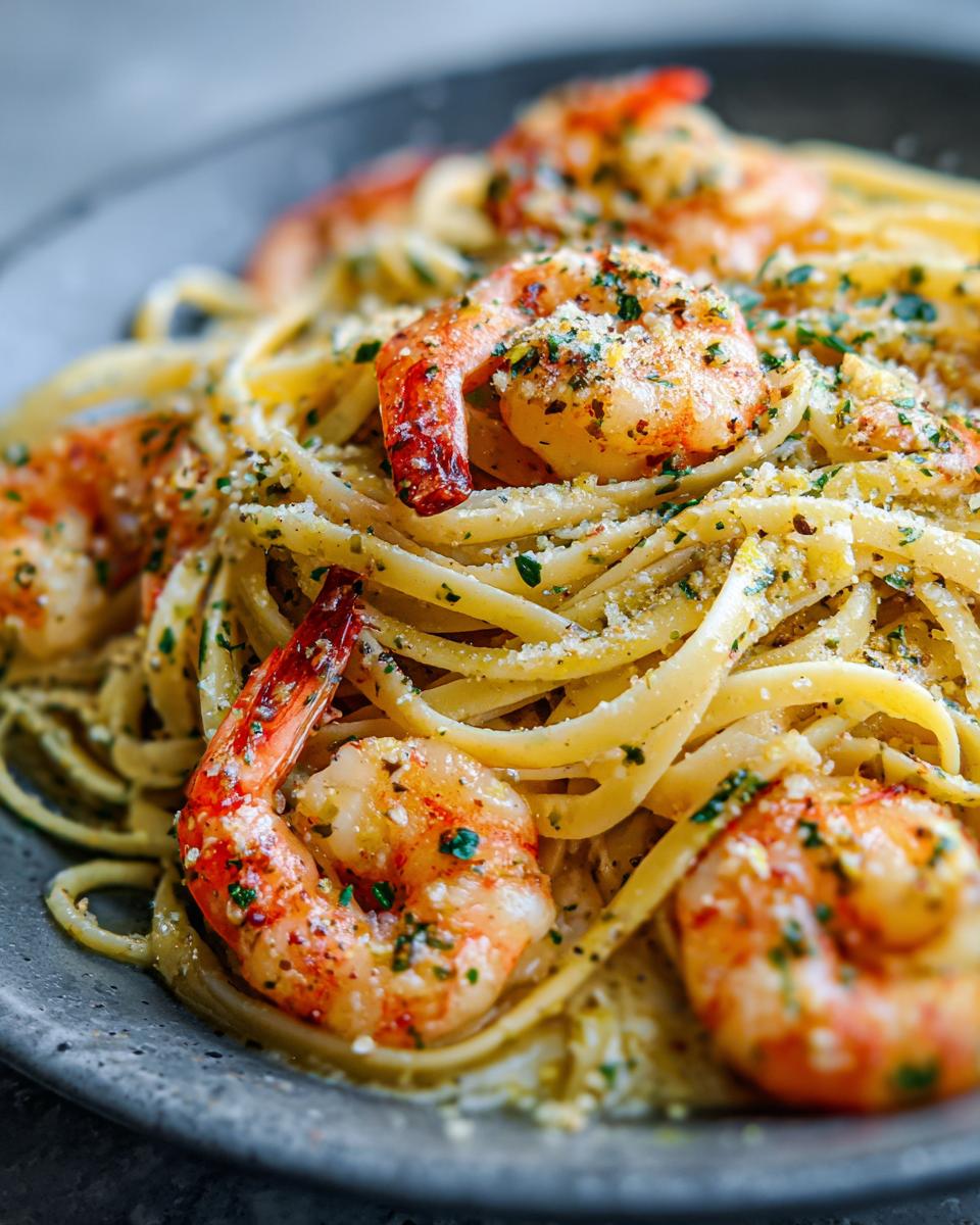 A close-up of delicious Lemon Shrimp Linguine pasta, featuring plump shrimp and linguine noodles, sprinkled with herbs and cheese.