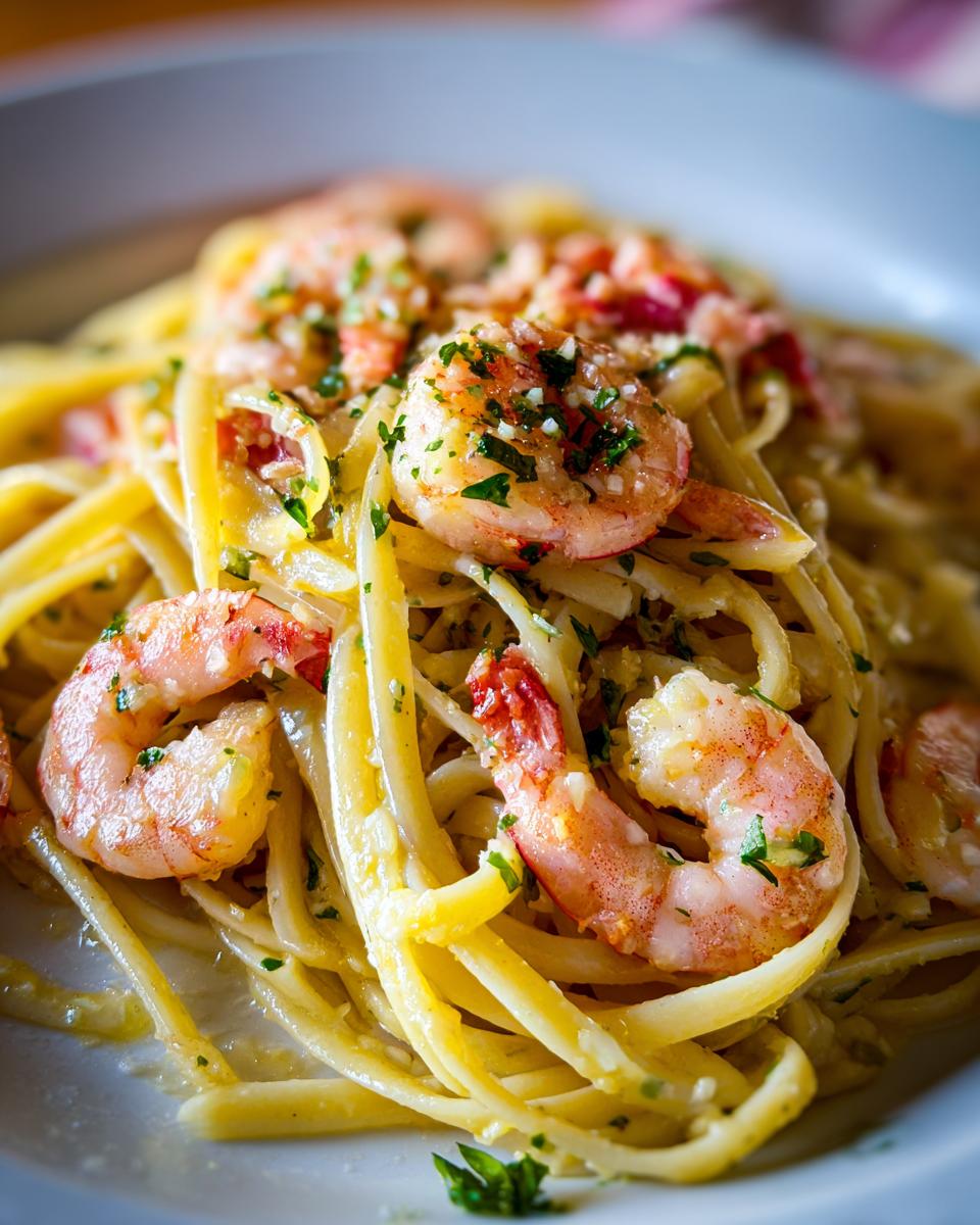 A close-up of a plate of lemon shrimp linguine pasta, featuring plump shrimp and fresh herbs.