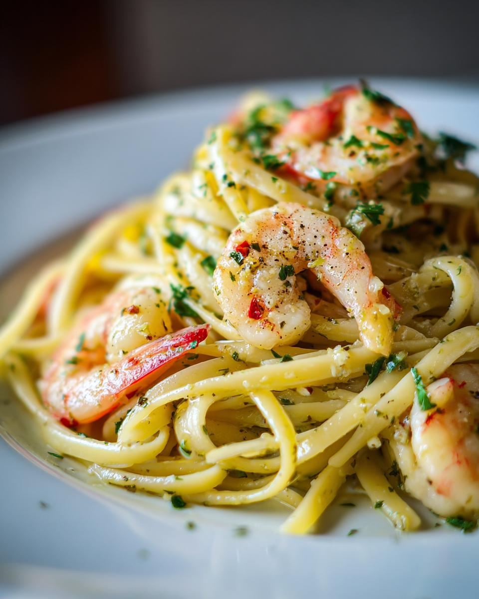 Close-up of delicious Lemon Shrimp Linguine pasta, featuring plump shrimp and fresh herbs.