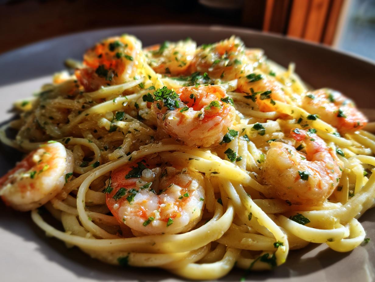 A close-up of a plate of Lemon Shrimp Linguine pasta, featuring plump shrimp and fresh parsley.