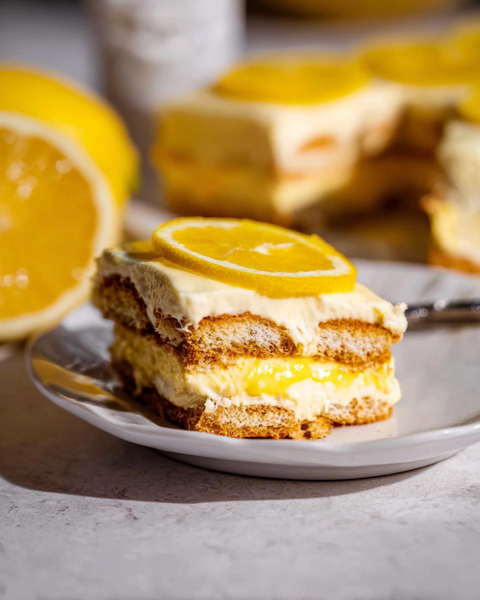 A slice of Lemon Tiramisu layered with ladyfingers and cream, topped with a lemon slice.