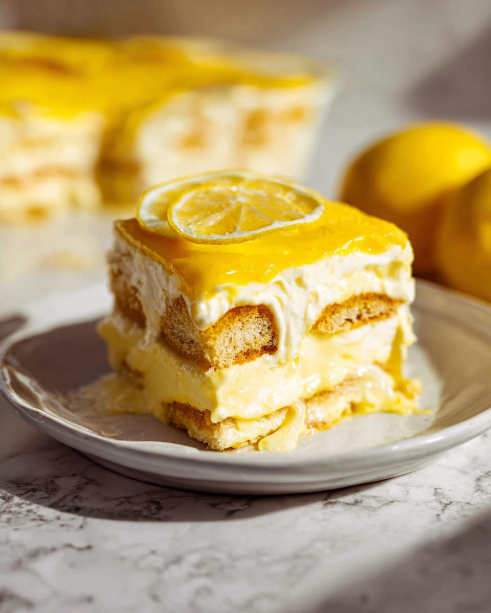 A slice of creamy Lemon Tiramisu, layered with ladyfingers and lemon cream, topped with a lemon slice.