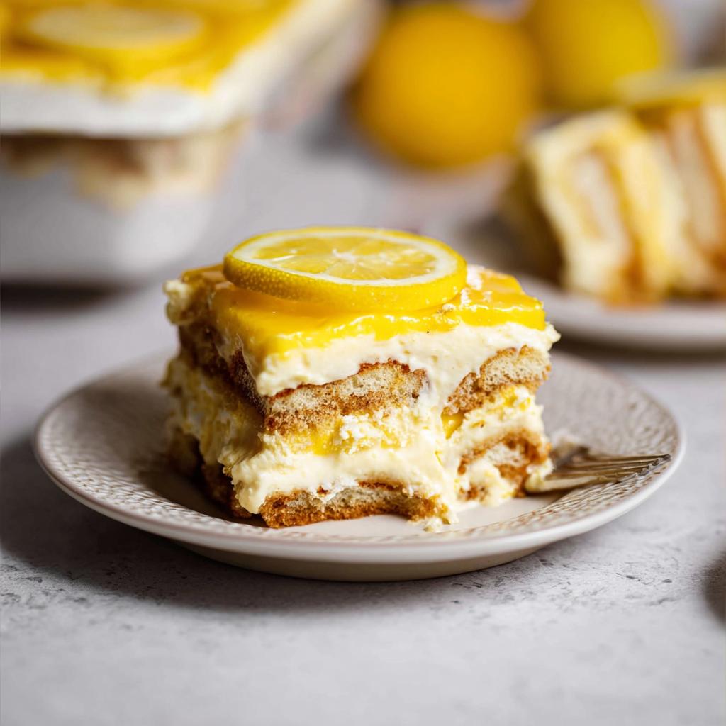 A slice of creamy Lemon Tiramisu dessert, layered with ladyfingers and topped with a lemon slice.