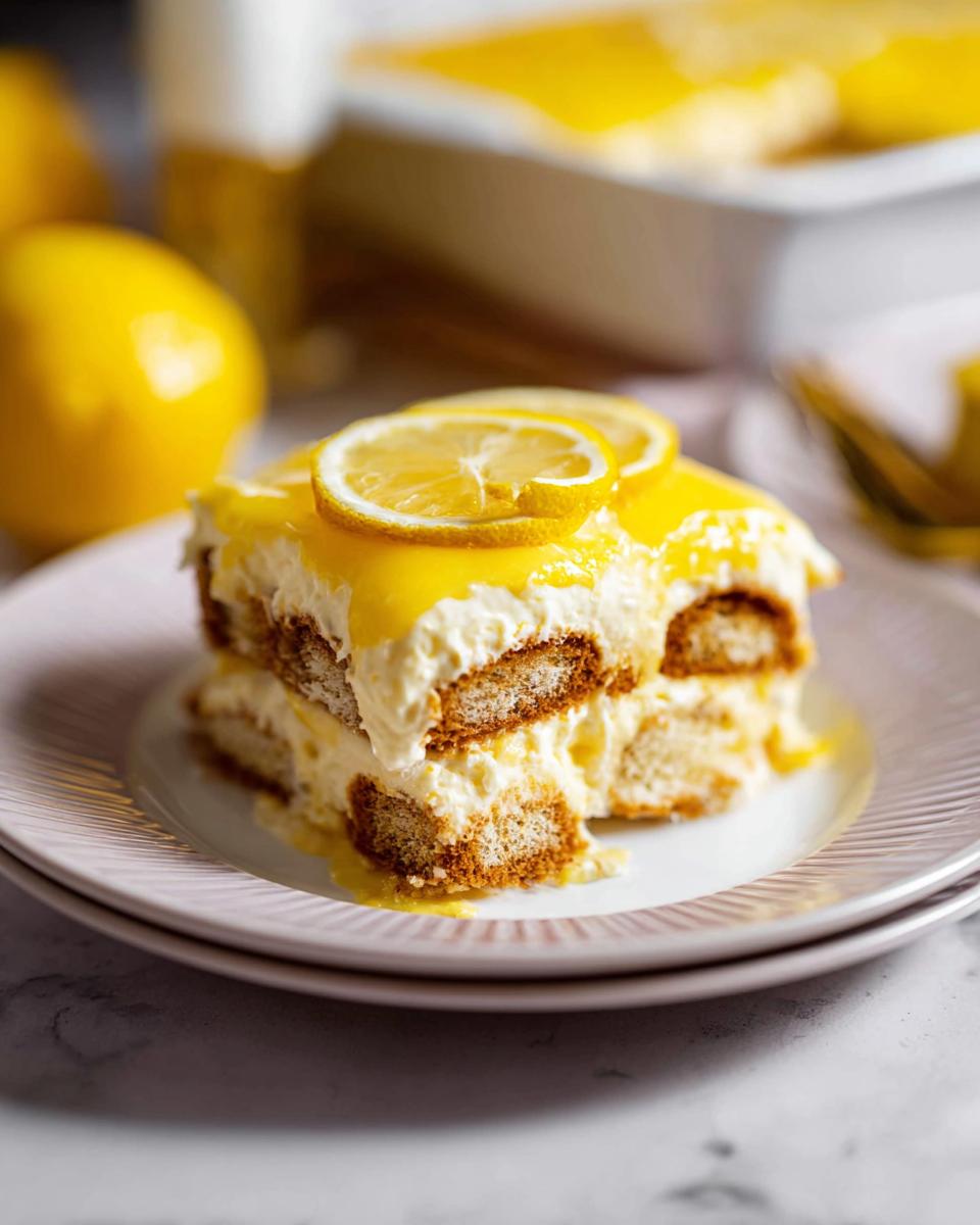 A slice of creamy Lemon Tiramisu topped with lemon slices and lemon curd.
