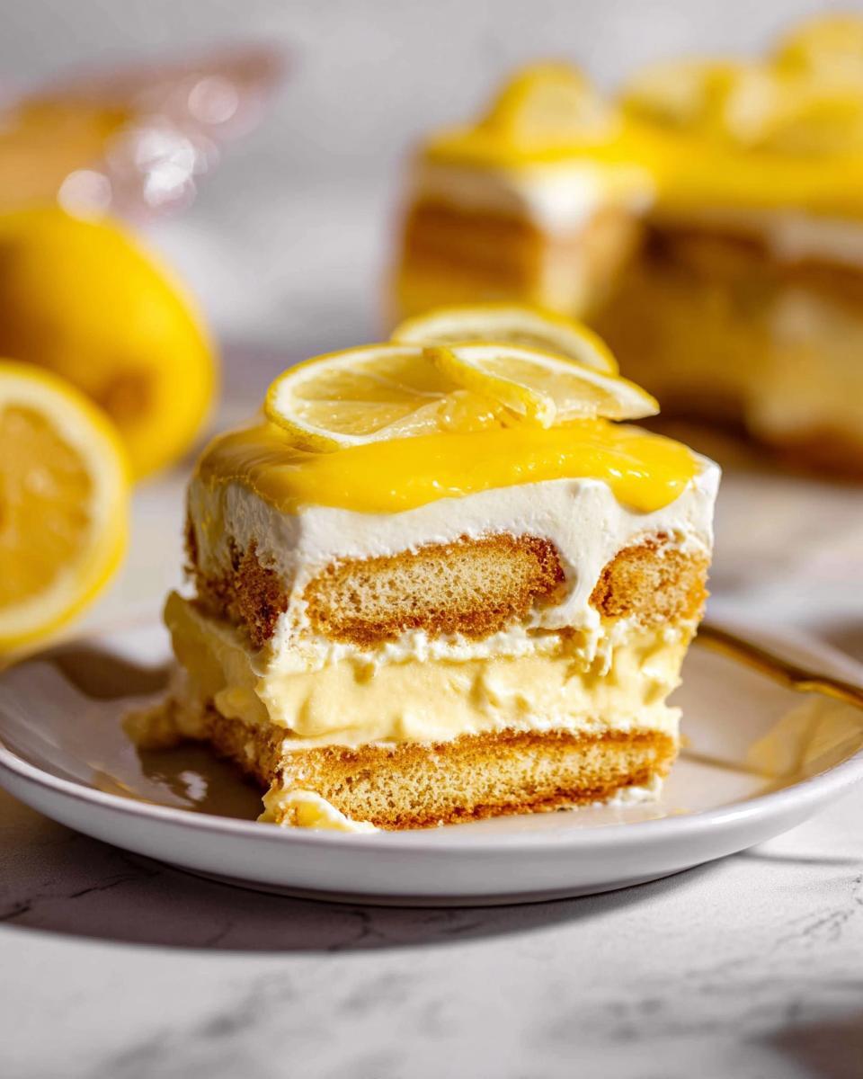 A slice of Lemon Tiramisu on a white plate, layered with ladyfingers, cream, and topped with lemon curd and lemon slices.