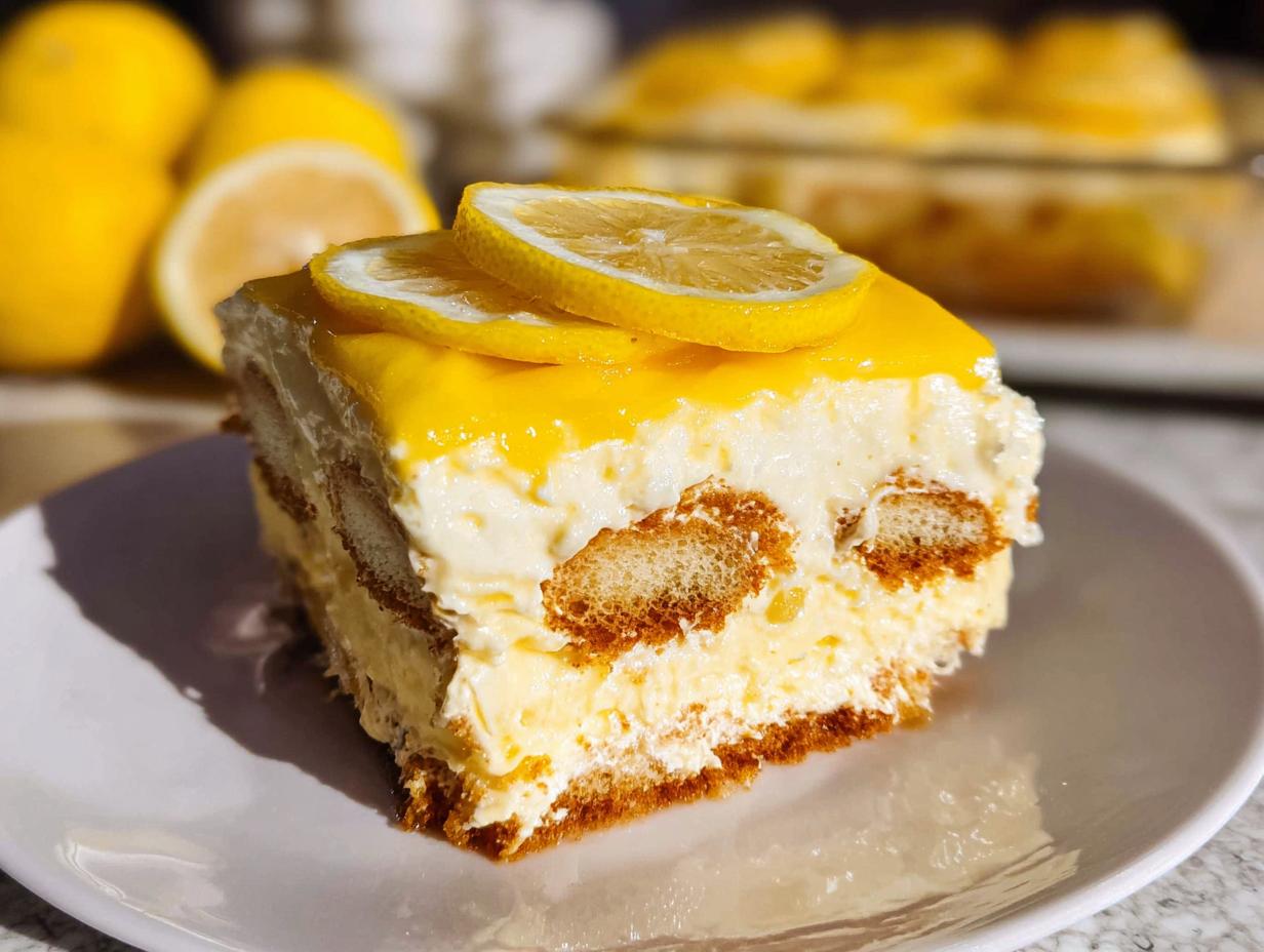A slice of creamy Lemon Tiramisu dessert topped with lemon slices and a bright yellow lemon curd.