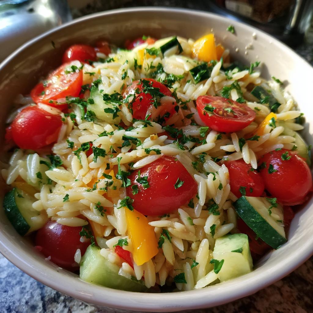 A close-up of a bowl filled with lemony orzo salad, featuring cherry tomatoes, cucumber, bell peppers, and fresh parsley.