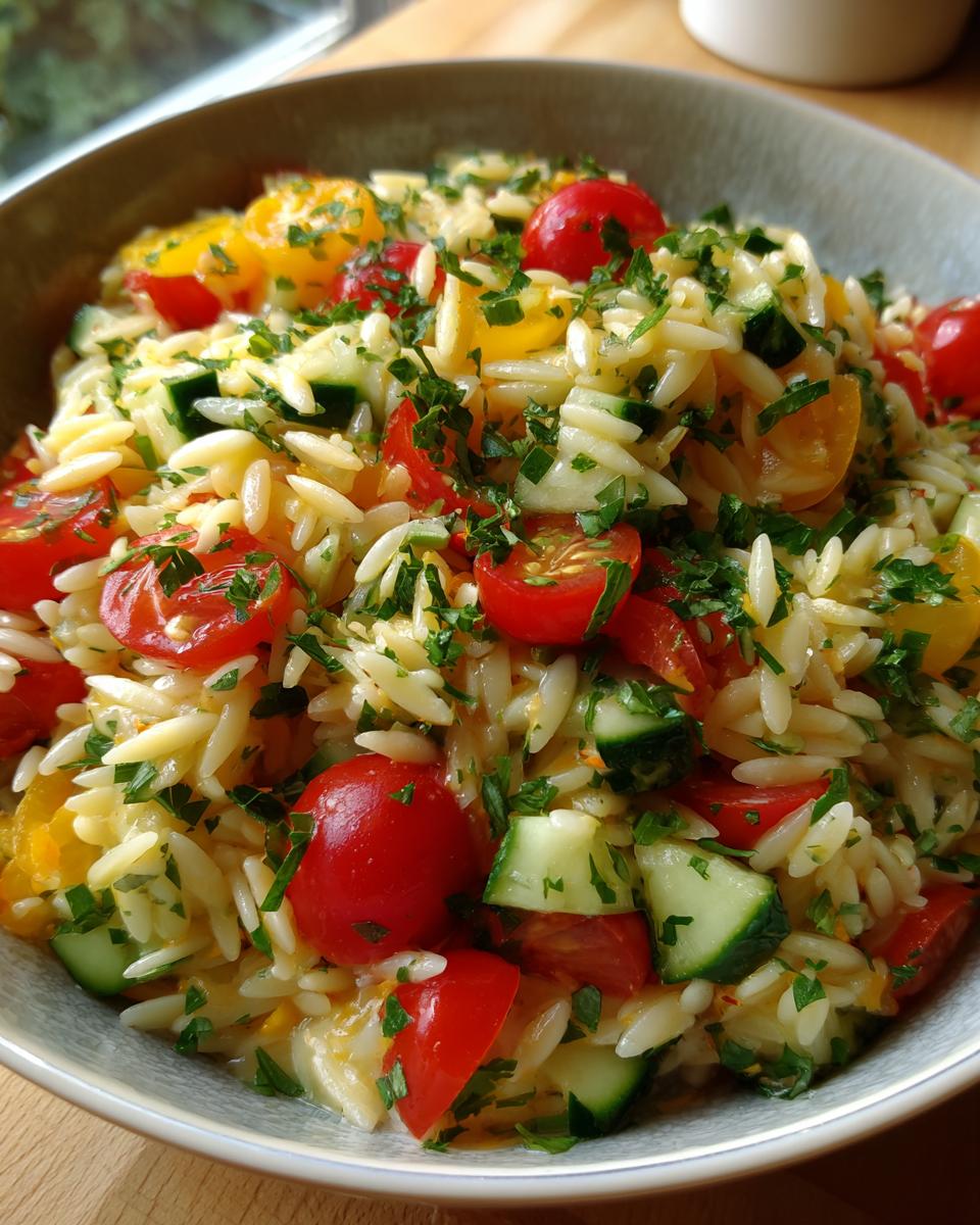 A close-up of a bowl filled with lemony orzo salad, featuring cherry tomatoes, cucumber, and fresh parsley.