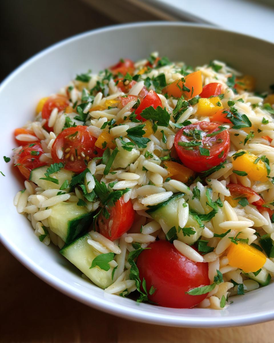 A close-up of a bowl filled with lemony orzo salad, featuring cherry tomatoes, cucumber, bell peppers, and parsley.