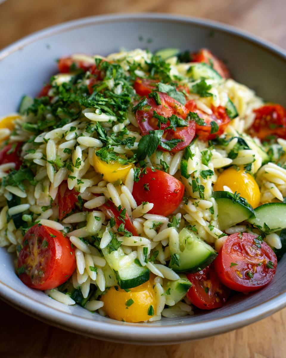 A close-up of a bowl of lemony orzo salad with cherry tomatoes, cucumber, and fresh parsley.