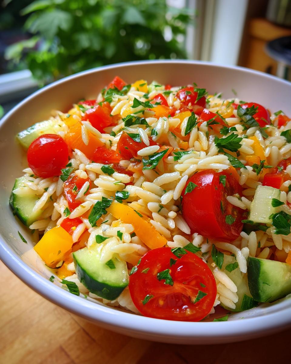 A bowl of lemony orzo salad with fresh veggies like cherry tomatoes, cucumber, and bell peppers, topped with parsley.