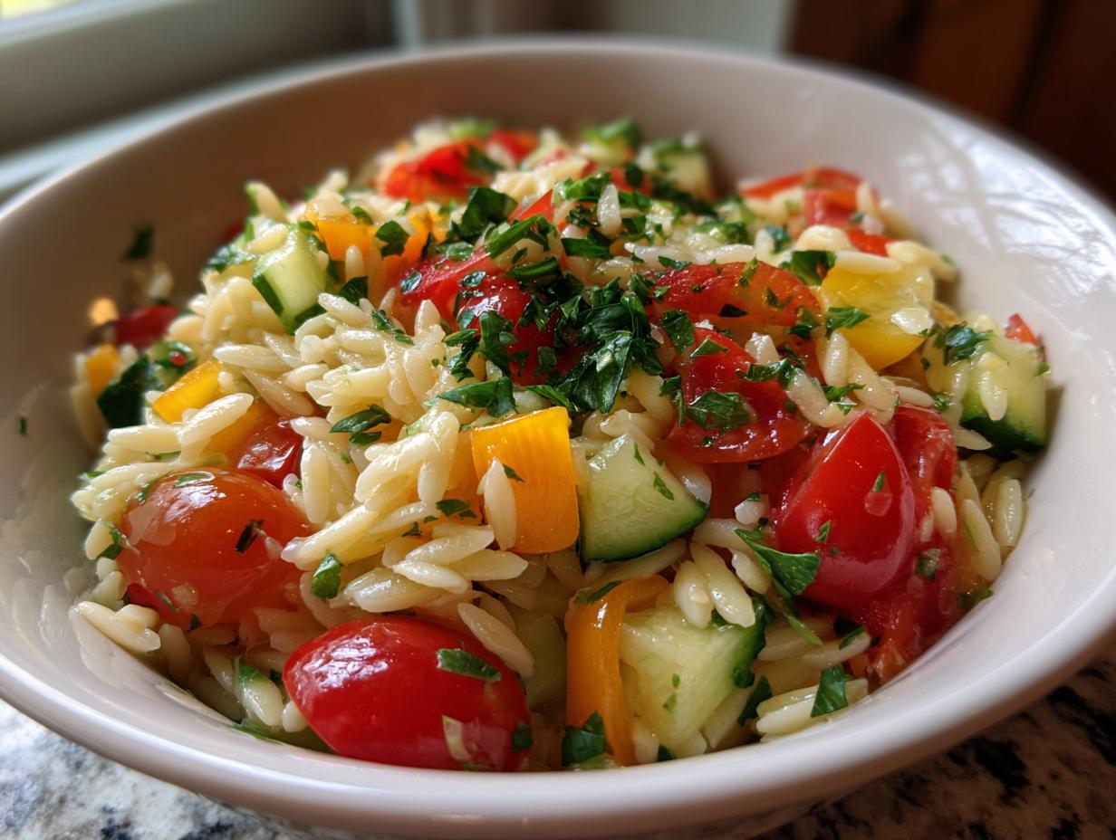 A close-up of a bowl filled with lemony orzo salad, featuring cherry tomatoes, cucumber, bell peppers, and parsley.