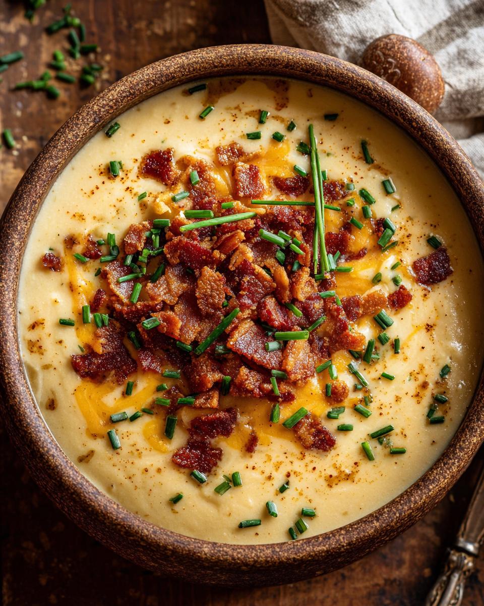 Close-up of a bowl of loaded baked potato soup topped with crispy bacon and chives.