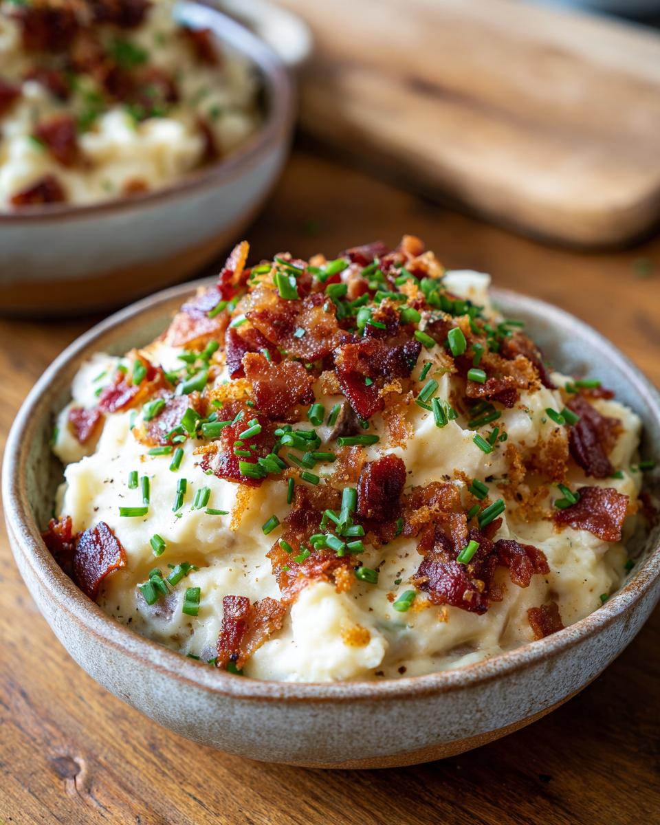A close-up of a bowl of creamy mashed potatoes topped with crispy bacon, chives, and breadcrumbs, perfect for loaded baked potato soup nights.