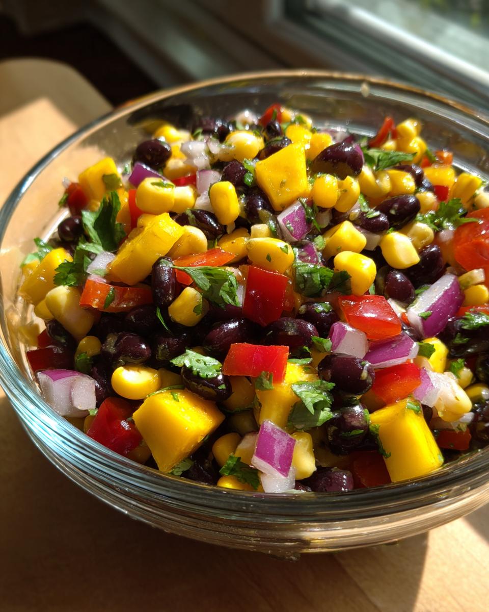 Close-up of a vibrant Mango Black Bean Picnic Salad in a glass bowl, featuring mango chunks, black beans, corn, red pepper, and red onion.