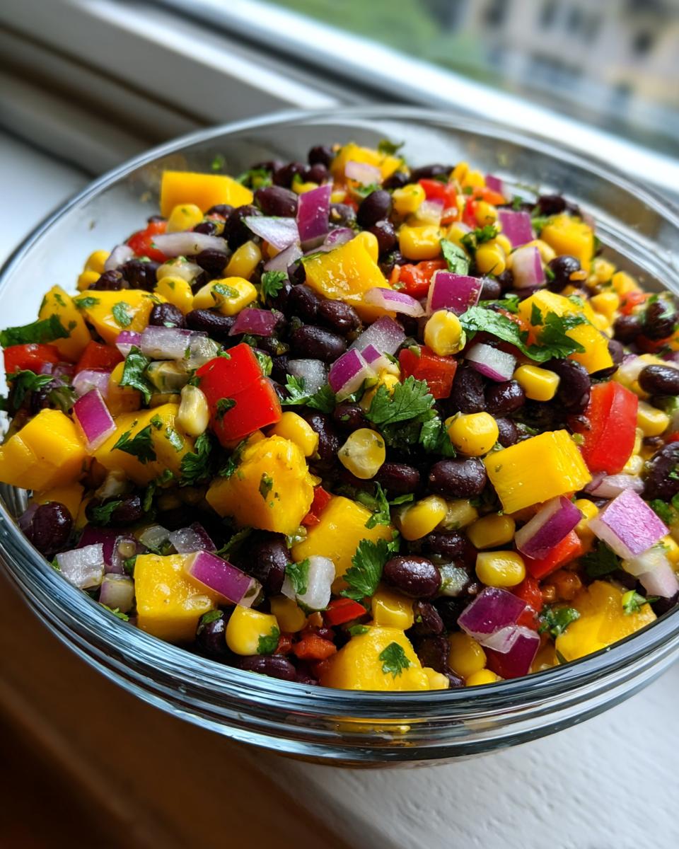 A close-up of a vibrant Mango Black Bean Picnic Salad in a glass bowl, featuring diced mango, black beans, corn, red onion, and cilantro.