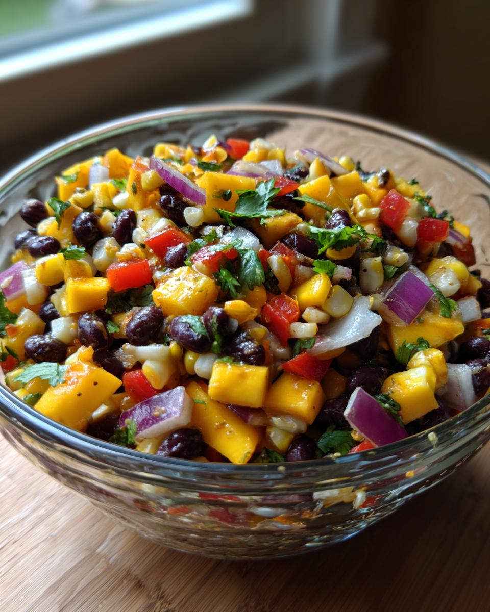 A close-up of a vibrant Mango Black Bean Picnic Salad in a glass bowl, featuring diced mango, black beans, corn, red onion, and cilantro.